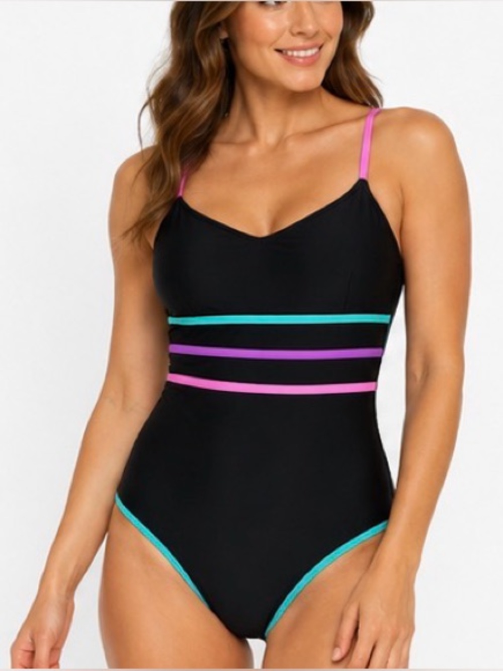 Popvil Black One-Piece Swimsuit with Teal and Pink Trim
